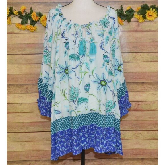 Avenue Boho Blue Floral Pullover Tunic Blouse Top Plus Size 30W 32W Mixed Print - Picture 1 of 11